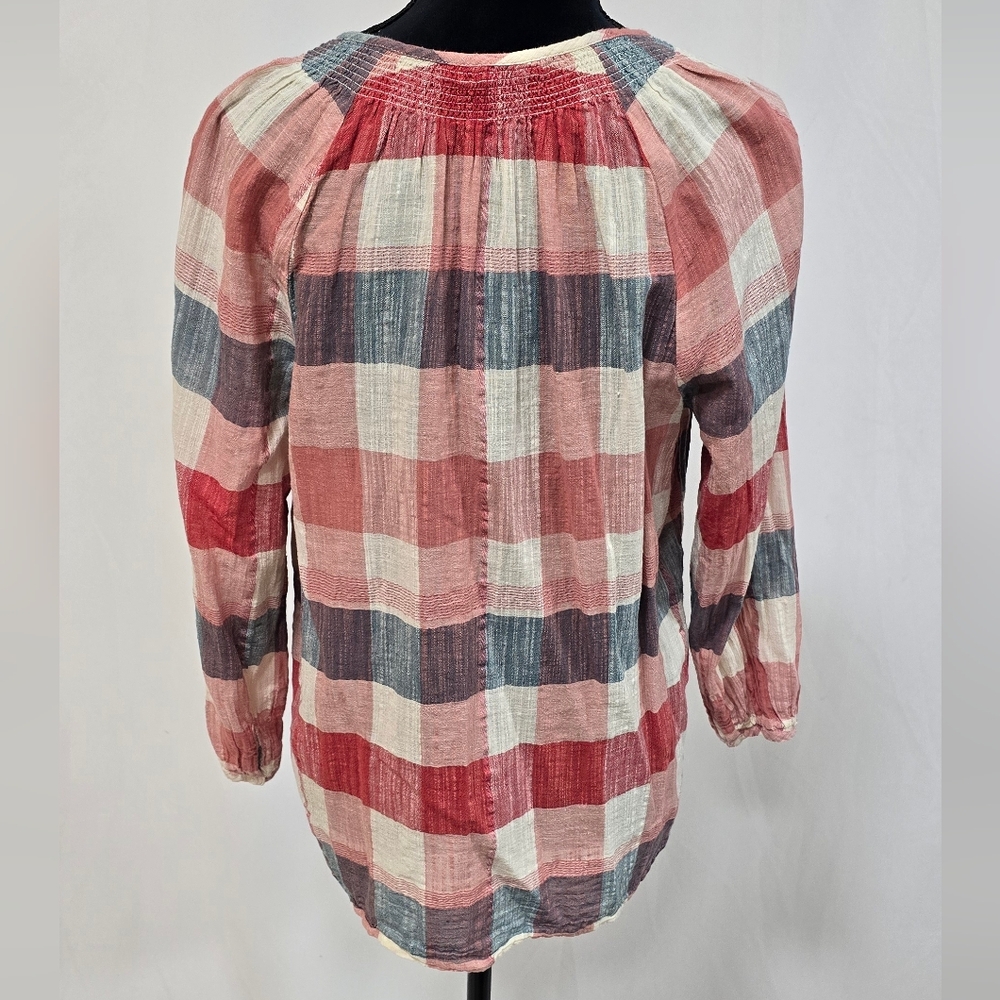 Lucky Brand women L plaid smock neck button front blouse, semi sheer, costal - Picture 7 of 8
